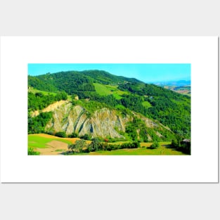 Scenery from Castignano with a hill of ravines and green colours, a valley and the Sibillini Posters and Art